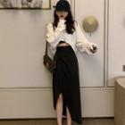 Plain Cropped Pullover / Irregular Hem High-waist Midi Straight-fit Skirt