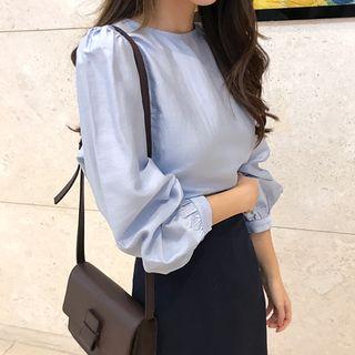 Crew-neck Keyhole-back Satin Blouse Sky Blue - One Size