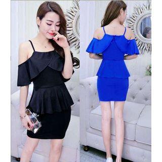 Plain Cut Out Shoulder Elbow Sleeve Dress