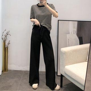 Set: Striped Short-sleeve T-shirt + Straight Fit Pants