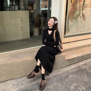 Long-sleeve Choker Midi A-line Dress Black - One Size