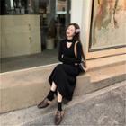 Long-sleeve Choker Midi A-line Dress Black - One Size