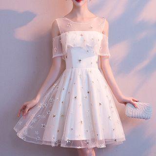 Star Embroidered Cut Out Shoulder Short Sleeve Mesh Dress