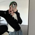 Long-sleeve V-neck Two-tone Slim-fit Knit Top
