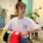 Elbow-sleeve Pig Embroidery T-shirt
