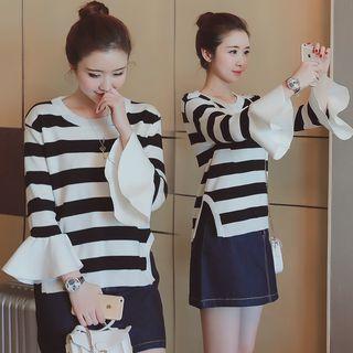 Long-sleeve Ruffled Striped Top