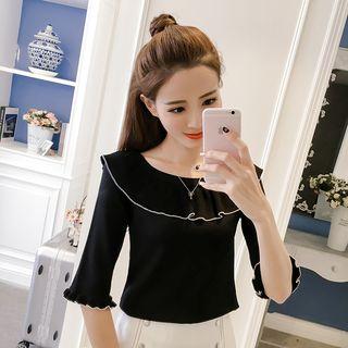 Elbow-sleeve Frilled Knit Top