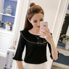 Elbow-sleeve Frilled Knit Top
