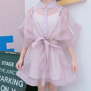 Set: Organza Elbow-sleeve Tie-waist Shirt Dress + Strappy Dress