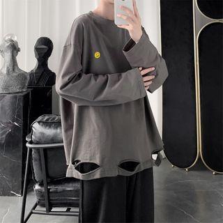 Smiley Face Printed Distressed Long-sleeve T-shirt