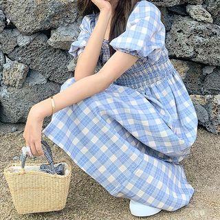 Square Neck Gingham Puff Short Sleeve Dress