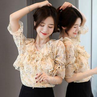 Floral Ruffled Short-sleeve Chiffon Blouse