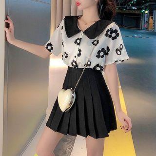 Short-sleeve Floral Print Shirt / Pleated A-line Skirt