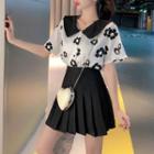 Short-sleeve Floral Print Shirt / Pleated A-line Skirt