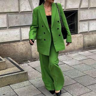 Plain Double-breasted Blazer / Wide Leg Pants