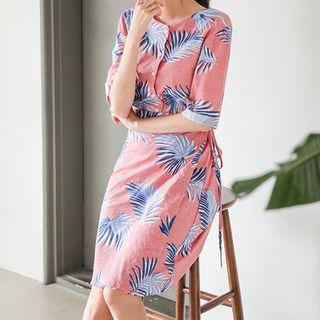 Elbow-sleeve Wrap-front Pattern Midi Dress