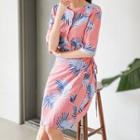 Elbow-sleeve Wrap-front Pattern Midi Dress
