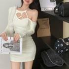 Long-sleeve Irregular Slim-fit Dress White - One Size
