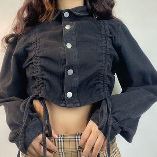 Drawstring Denim Crop Shirt