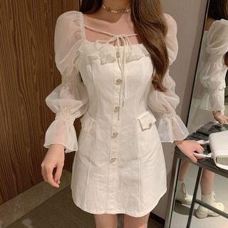 Puff-sleeve Button-up Mini Dress