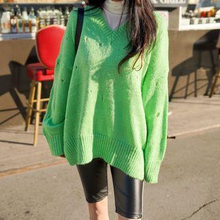 V-neck Perforated Oversized Knit Top