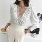 Plunge-neck Ruched Velvet Blouse