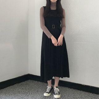 Long-sleeve Turtleneck Top / Midi Pleated Pinafore Dress