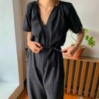Hidden-button Cotton Jumpsuit With Sash