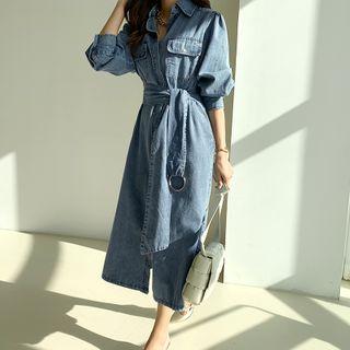 Denim Long Shirtdress With Belt Blue - One Size