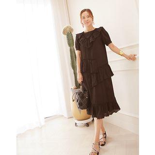 Puff-sleeve Frill-trim Long Dress