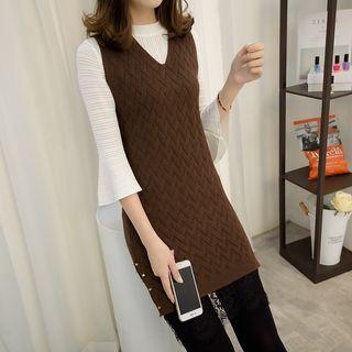 Lace Panel V-neck Long Knit Vest