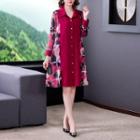 3/4-sleeve Print Panel Midi Shirtdress