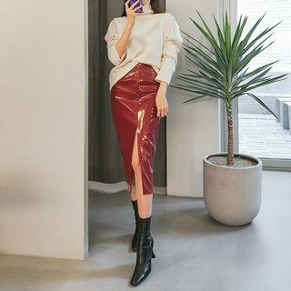 Slit Faux-patent Long Pencil Skirt