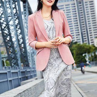 Spaghetti Strap Patterned Midi Dress / Straight Leg Pants / Plain Blazer
