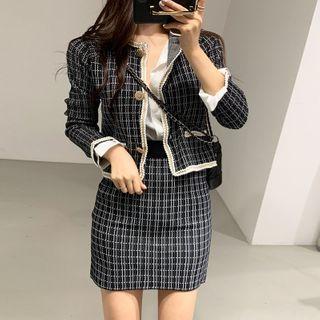 Set: Plaid Cardigan + Mini Pencil Skirt