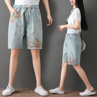 Ripped Embroidered Denim Semi Pants