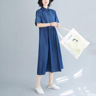 Elbow-sleeve Midi A-line Denim Shirtdress