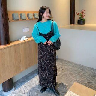 Plain Sweater / Floral Midi A-line Overall Dress