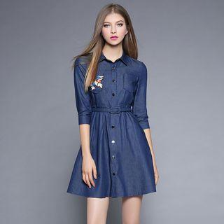 Flower Embroidered 3/4 Sleeve Denim Shirtdress