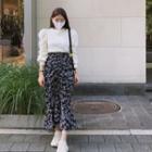 Band-waist Shirred-front Patterned Skirt Black - One Size