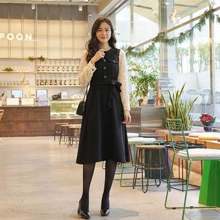 Fringed-sleeve Faux-gem Button Dress With Sash