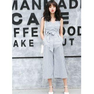 Plaid Sleeveless Cropped Wide Leg Pinafore Jumpsuit