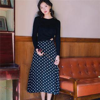 Set: Crew-neck Long-sleeve T-shirt + Dotted Midi A-line Skirt
