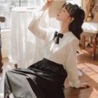 Long-sleeve Sailor Collar Bow Blouse / Midi A-line Skirt / Set