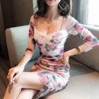 3/4 Sleeve Floral Print Bodycon Mini Dress