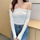 Halter-neck Off-shoulder Long-sleeve Knit Top