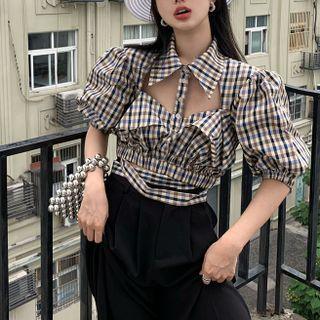 Cropped Plaid Cut-out Puff-sleeve Top