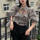 Cropped Plaid Cut-out Puff-sleeve Top
