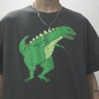 Dinosaur Print Elbow-sleeve T-shirt Dark Gray - One Size