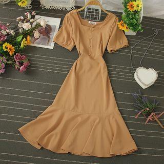 Plain Square-neck Midi A-line Dress